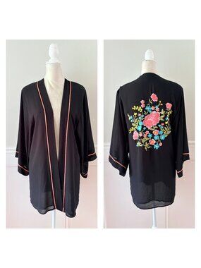 Black Kimono Cardigan With Floral Embroidery & Pink Trim Size M Forever 21
